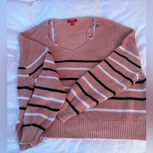 GUESS Pink Striped V‑Neck Sweater with Black and White Bands